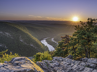 Delaware Water Gap Recreation Area viewed at sunset from Mount Tammany located in New Jersey
